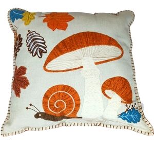 Mushroom Snail Crewel Embroidered Throw Pillow Felt Accents Earth Tones